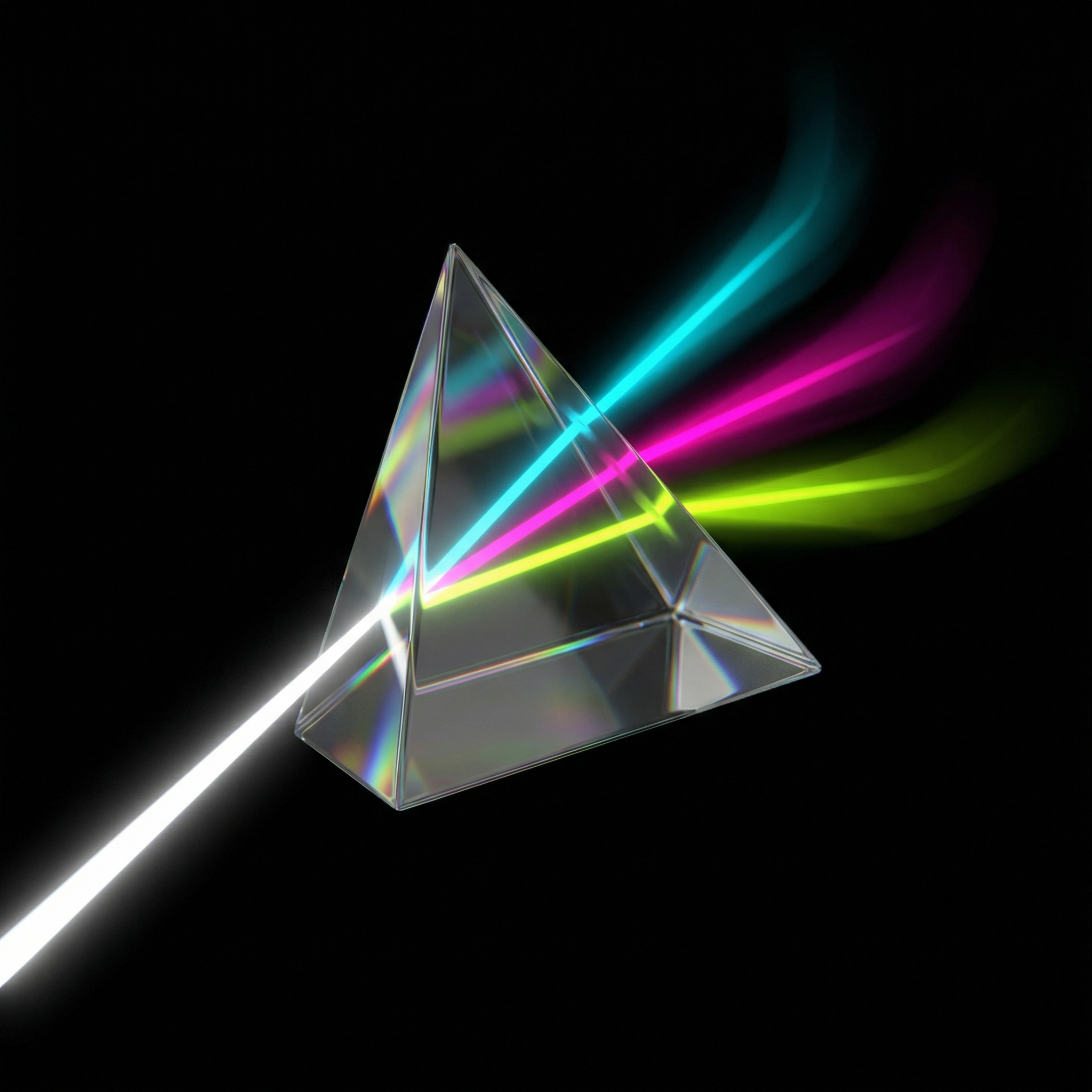 Glass prism refracting light into insight, engagement, and security beams